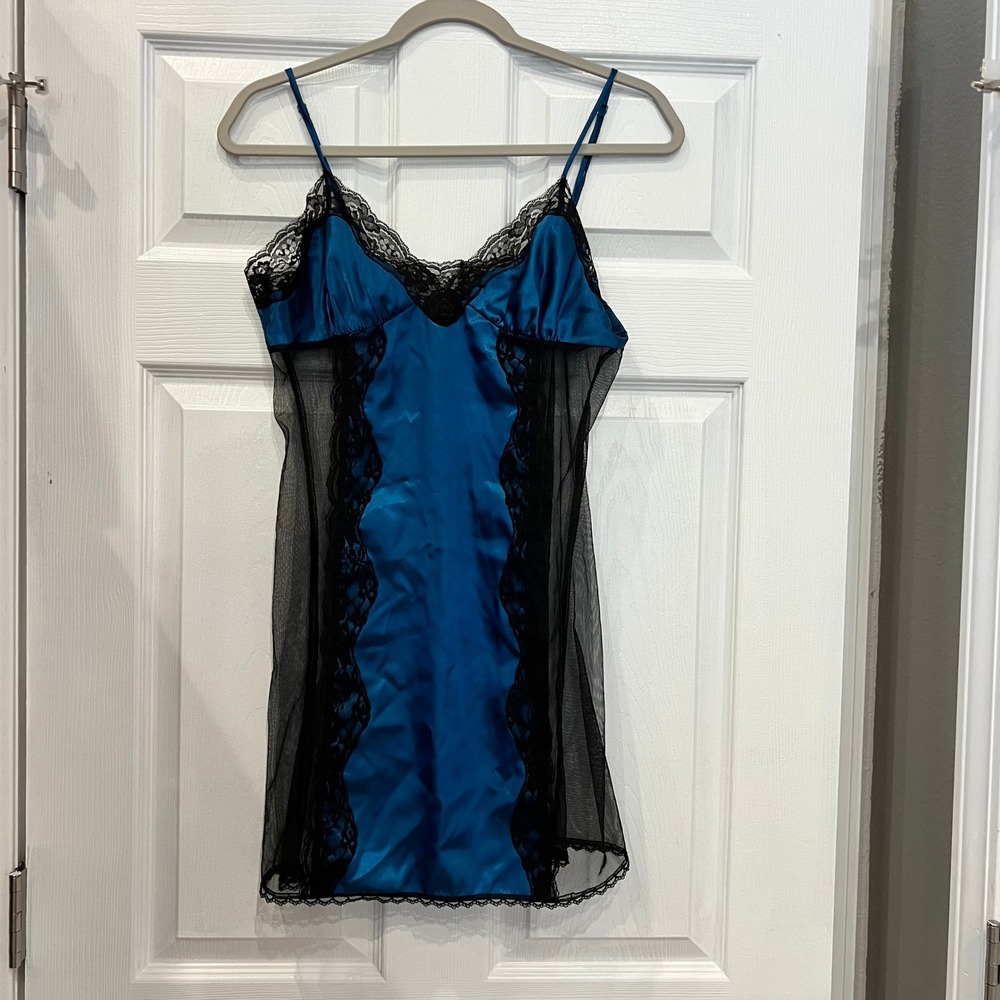 Fredericks of Hollywood Chemise Polyester Satin Lace Teal Black Lingerie Medium
